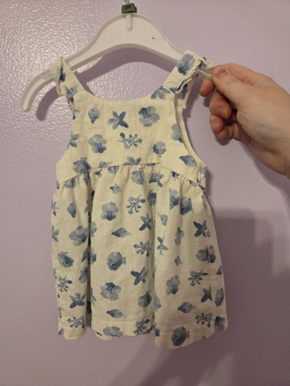 Zara baby girl's white linen dress with a blue marine print